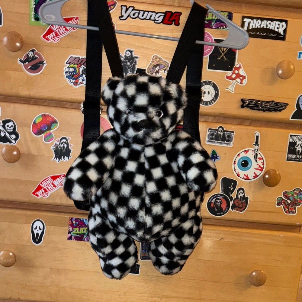 Checkered Black and White Teddy Bear Backpack